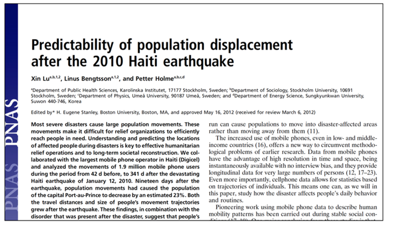 Research On The Predictability Of Population Displacement Published In The Proceedings Of The (US) National Academy Of Scien
